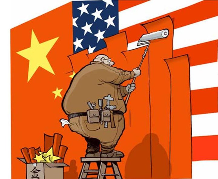 drapeau_Chine_USA - les pays occidentaux ne produisent plus assez de richesses réelles pour maintenir le niveau de vie de leurs populations. - les dirigeants américains et ceux de l'Union européenne, et tous ceux qui nous intimé l'ordre de leur faire confiance, ne sont pas des hommes d'État mais des Jérôme Kerviel de la politique. Leur dramatique irresponsabilité collective est en train d'éclater au grand jour.