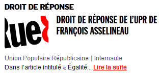 Droit de réponse de l'UPR en réaction à un article paru sur le site d'information Rue 89