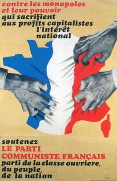 affiche Parti Communiste Français années 60. défense « peuple », « nation » « l’intérêt national » en toutes lettres affiches PCF. mouvement réellement patriote