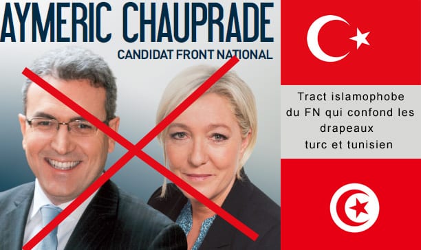 Aymeric Chauprade diffuse un tract islamophobe qui confond les drapeaux turc et tunisien