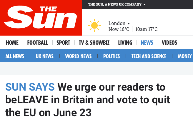 Le tabloïd « The Sun » appelle ses 5,5 millions de lecteurs à voter pour le Brexit et « The Times » publie un sondage confirmant la poussée en faveur du Brexit