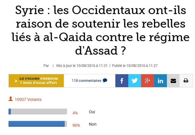 Selon un sondage du Figaro, la quasi-unanimité des internautes désapprouvent le soutien aux rebelles syriens contre Assad