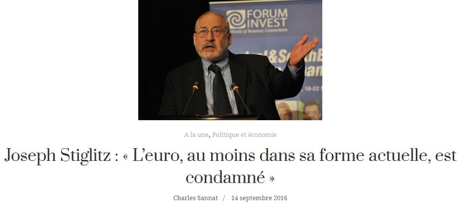 9 ans après la création de l'UPR, le « Prix Nobel » d'économie J. Stiglitz confirme que l'euro n'est pas viable et finira par exploser