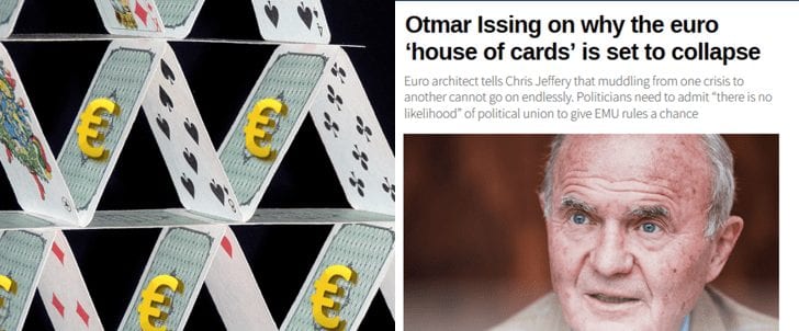 17 octobre 2016 : L'un des pères fondateurs de l'euro, l'Allemand Otmar Issing, déclare que l'euro est un « château de cartes » destiné à s’effondrer.