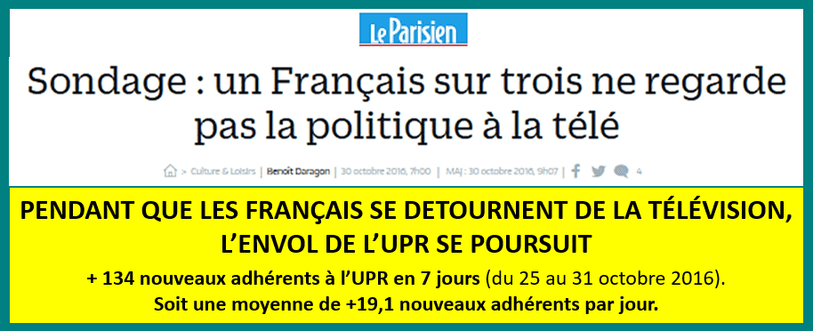 Alors que 31 % des Français ne regardent plus aucune émission politique à la télévision, le rythme des adhésions à l'UPR ne cesse d'accélérer.