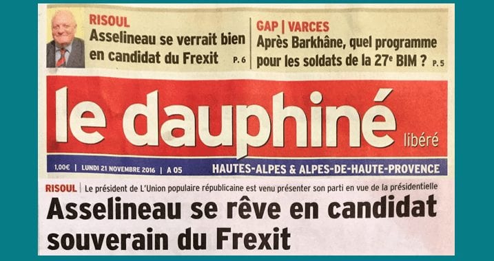 À l'occasion des réunions publiques tenues à Risoul (05) et Manosque (04), LE DAUPHINÉ LIBÉRÉ consacre un long article à la CANDIDATURE DE FRANÇOIS ASSELINEAU À L’ÉLECTION PRÉSIDENTIELLE.