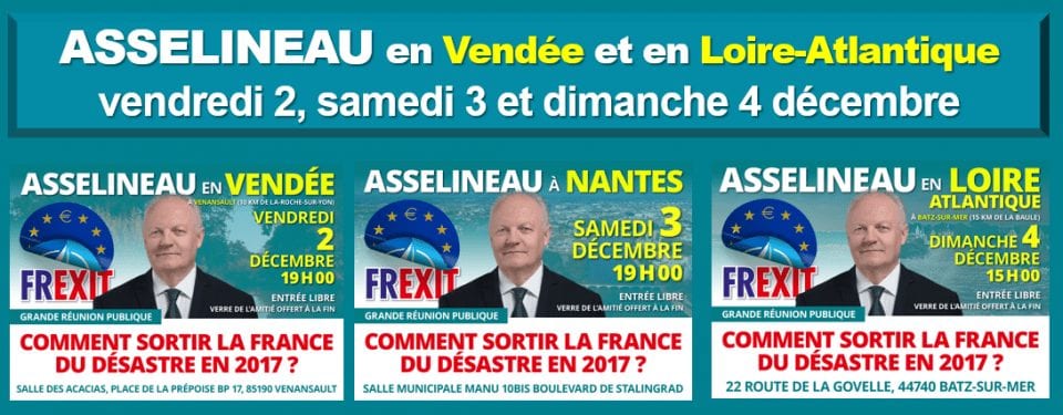 François Asselineau en tournée de réunions publiques en Vendée et en Loire-Atlantique les 2, 3 et 4 décembre 2016