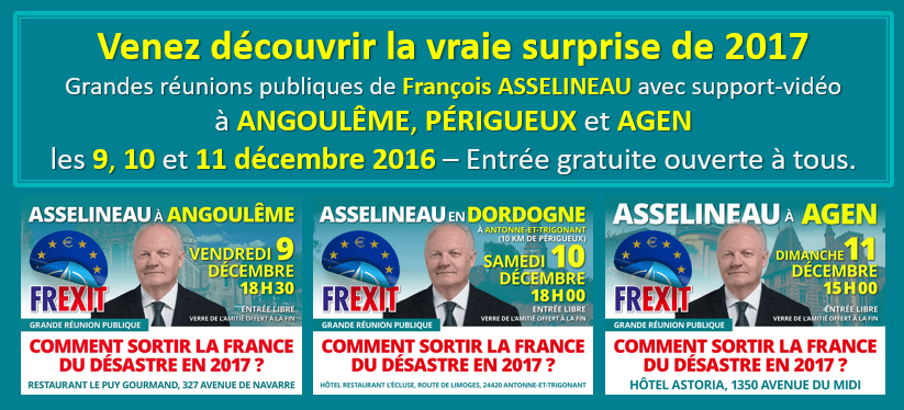 Annonce des réunions publiques à Angoulême, Périgueux et Agen du 9 au 11 décembre 2016