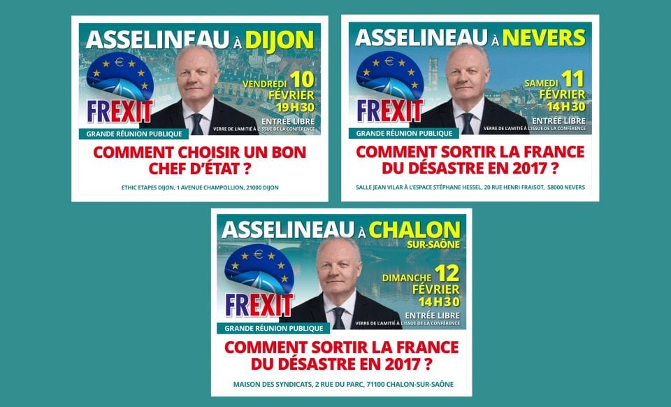 Grandes réunions publiques de François Asselineau en Bourgogne : Dijon (10 février), Nevers (11 février) et Chalon-sur-Saône (12 février)