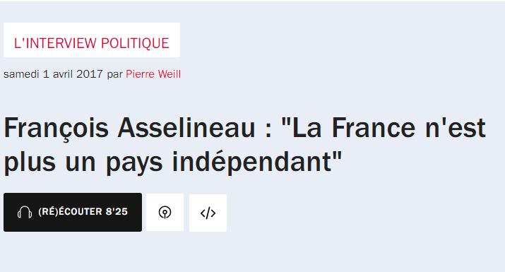 François Asselineau a été l'invité politique de Pierre Weill à 08h20 sur France Inter le 1er avril 2017