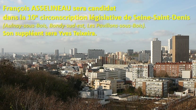 François Asselineau sera candidat aux élections législatives dans la 10e circonscription de Seine-Saint-Denis (Aulnay-sous-Bois, Bondy sud-est, Les Pavillons-sous-Bois).