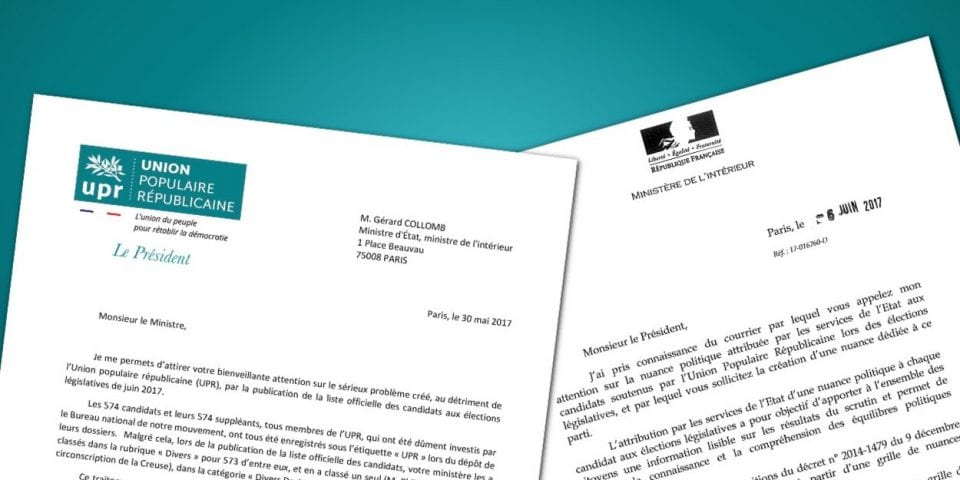 Le ministre de l'Intérieur adresse une fin de non-recevoir à la demande de François Asselineau d'attribuer la nuance politique propre « UPR » à nos 574 candidats qui resteront noyés dans l'appellation indistincte « divers »
