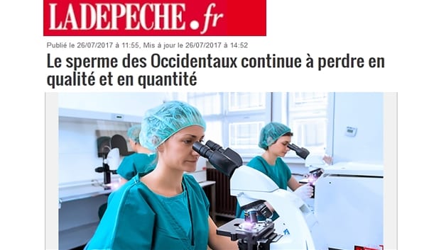 == UN NOUVEL INDICATEUR TRÈS INQUIÉTANT == Le sperme des hommes occidentaux continue à se dégrader très vite en qualité et en quantité : plus de moitié moins en 38 ans !