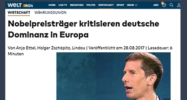 Un article du grand quotidien allemand « Die Welt » : DES PRIX NOBEL CRITIQUENT LA DOMINATION ALLEMANDE EN EUROPE.