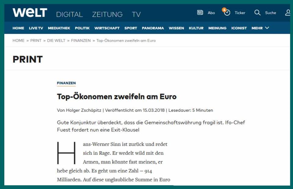 DES ÉCONOMISTES DE RENOM DOUTENT DE L'EURO – Traduit par Vincent Brousseau, un article paru dans le grand quotidien allemand Die Welt confirme pile-poil les analyses de l’UPR !.