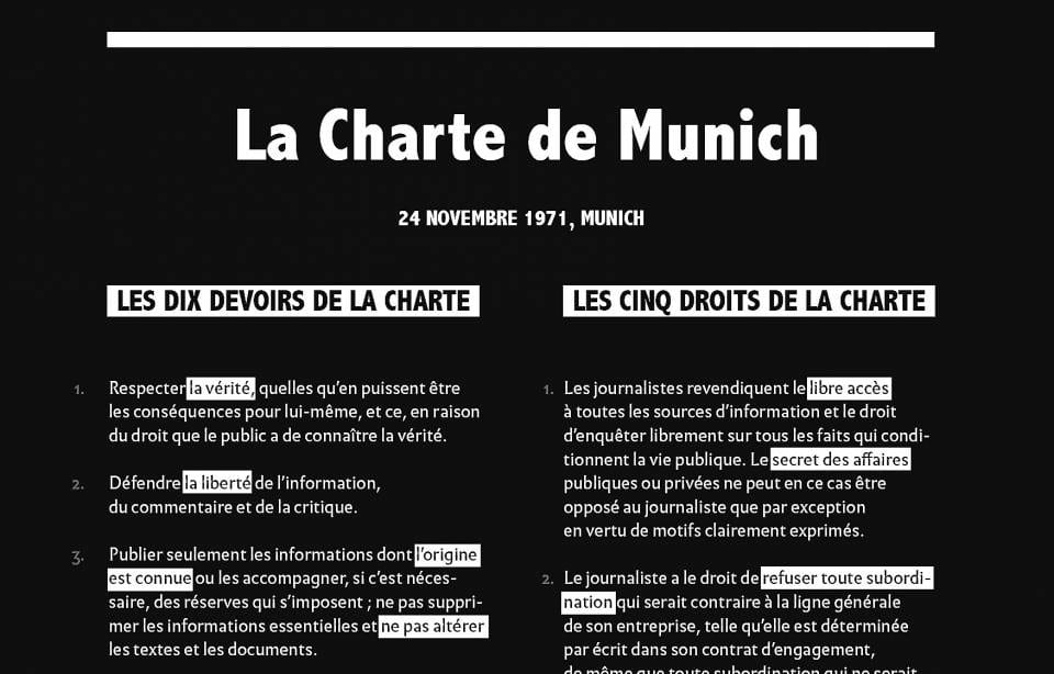 Charte de déontologie de Munich de 1971 : déclaration des devoirs et des droits des journalistes