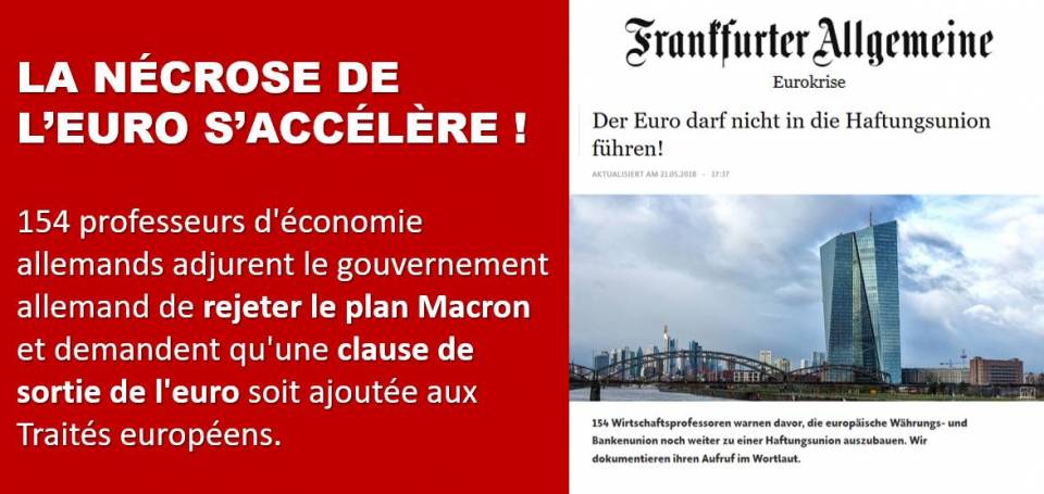 COUP DE THÉÂTRE EN ALLEMAGNE : dans le plus prestigieux journal allemand, 154 professeurs d'économie demandent le rejet du plan Macron et l'introduction d'une « procédure ordonnée de sortie de l'euro » dans les traités européens.