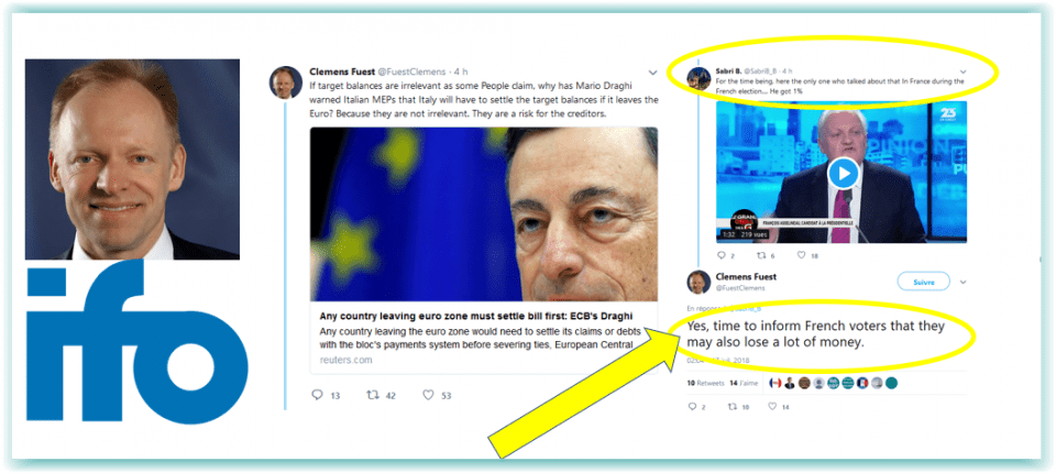 Sur son fil de messages Twitter, CLEMENS FUEST, l'un des économistes les plus écoutés du gouvernement et du patronat allemands, APPROUVE LES ANALYSES DE L'UPR SUR L'EURO.