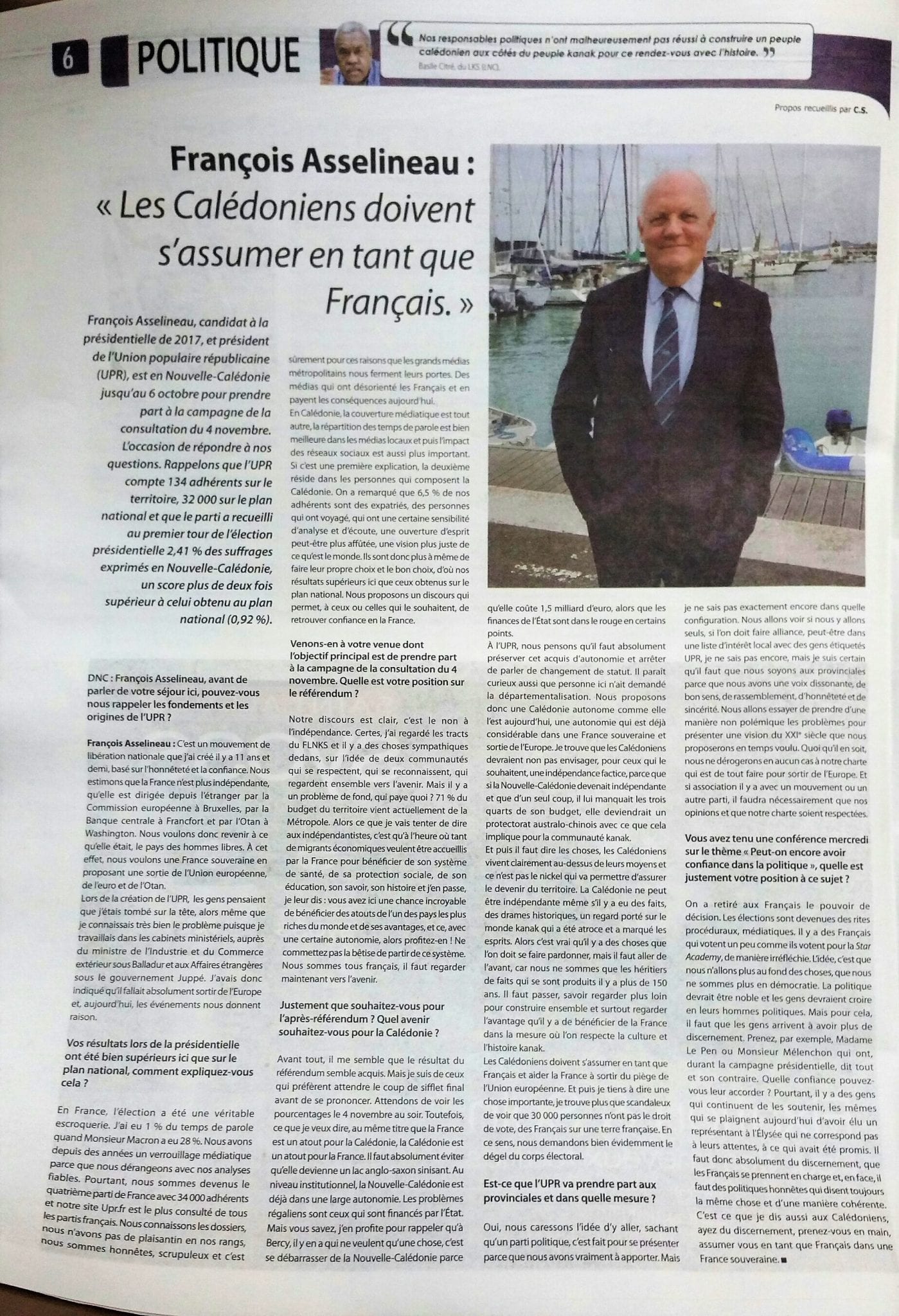 L'hebdomadaire calédonien gratuit « Demain.NC » consacre une pleine page à son entretien avec François Asselineau