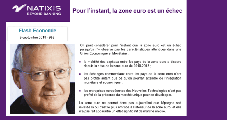 Selon la banque française Natixis, « POUR L'INSTANT, LA ZONE EURO EST UN ÉCHEC. » Vincent Brousseau commente cette note qui fait sensation.