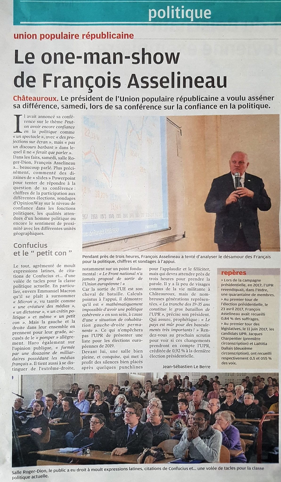 Le quotidien « La Nouvelle République » consacre une pleine page de compte-rendu à la conférence de François Asselineau à Châteauroux le 4 novembre 2018.