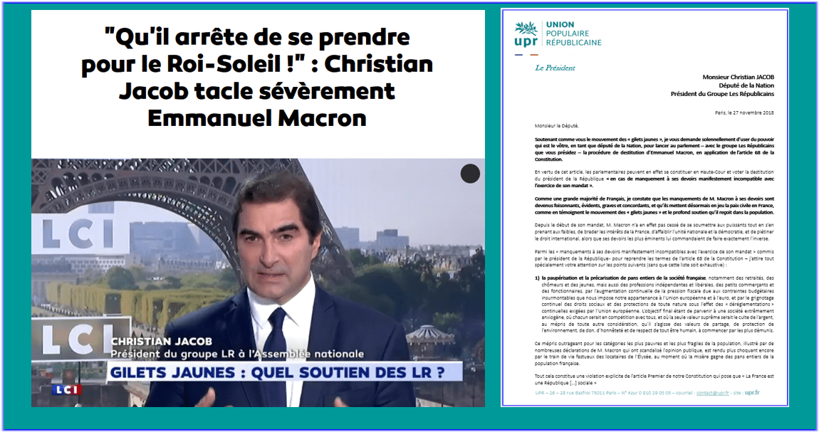Découvrez la lettre adressée ce 27 novembre par François ASSELINEAU à Christian JACOB, député et président du groupe Les Républicains, pour qu'il engage la procédure de destitution de Macron par l'article 68 de la Constitution.