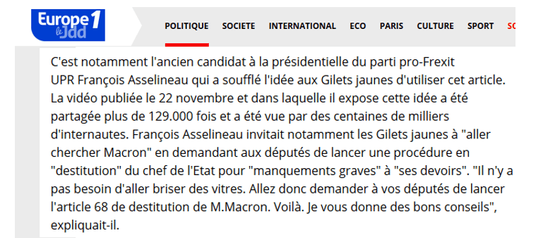 EUROPE1-LE JDD inquiet du retentissement de la demande de François Asselineau de lancer la procédure de destitution de Macron…