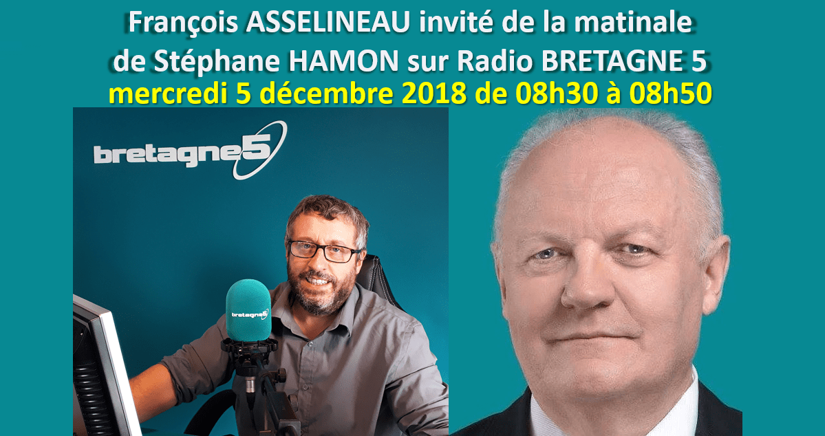 François ASSELINEAU a été l’invité de la matinale de Stéphane HAMON sur Radio BRETAGNE 5 LE mercredi 5 décembre 2018 de 8h30 à 8h50.