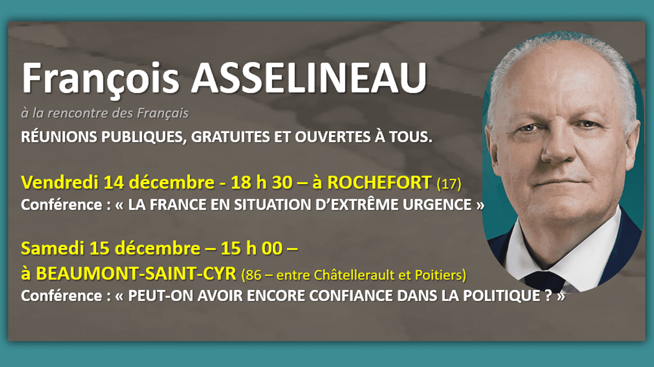 Venez à la rencontre de François Asselineau et découvrez ses conférences, avec ses 2 prochaines dates à Rochefort (17) et à Beaumont-saint-cyr (86)