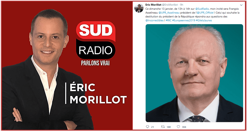 François Asselineau sera l'invité d’Éric Morillot sur Sud Radio ce dimanche 13 janvier 2019