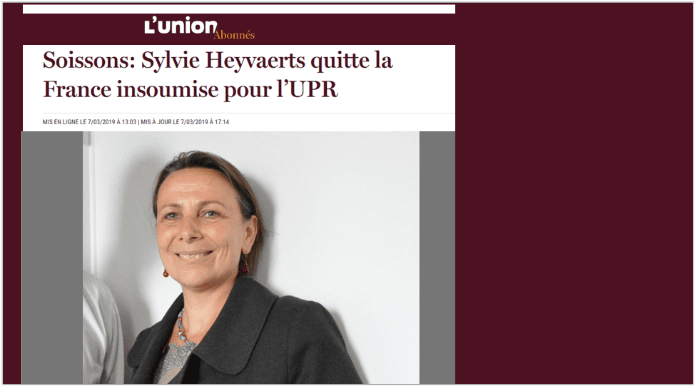 Mme Sylvie Heyvaerts, responsable de France Insoumise dans la circonscription de Soissons et ex-candidate FI aux législatives de 2017, quitte FI pour rejoindre l'UPR et explique pourquoi.