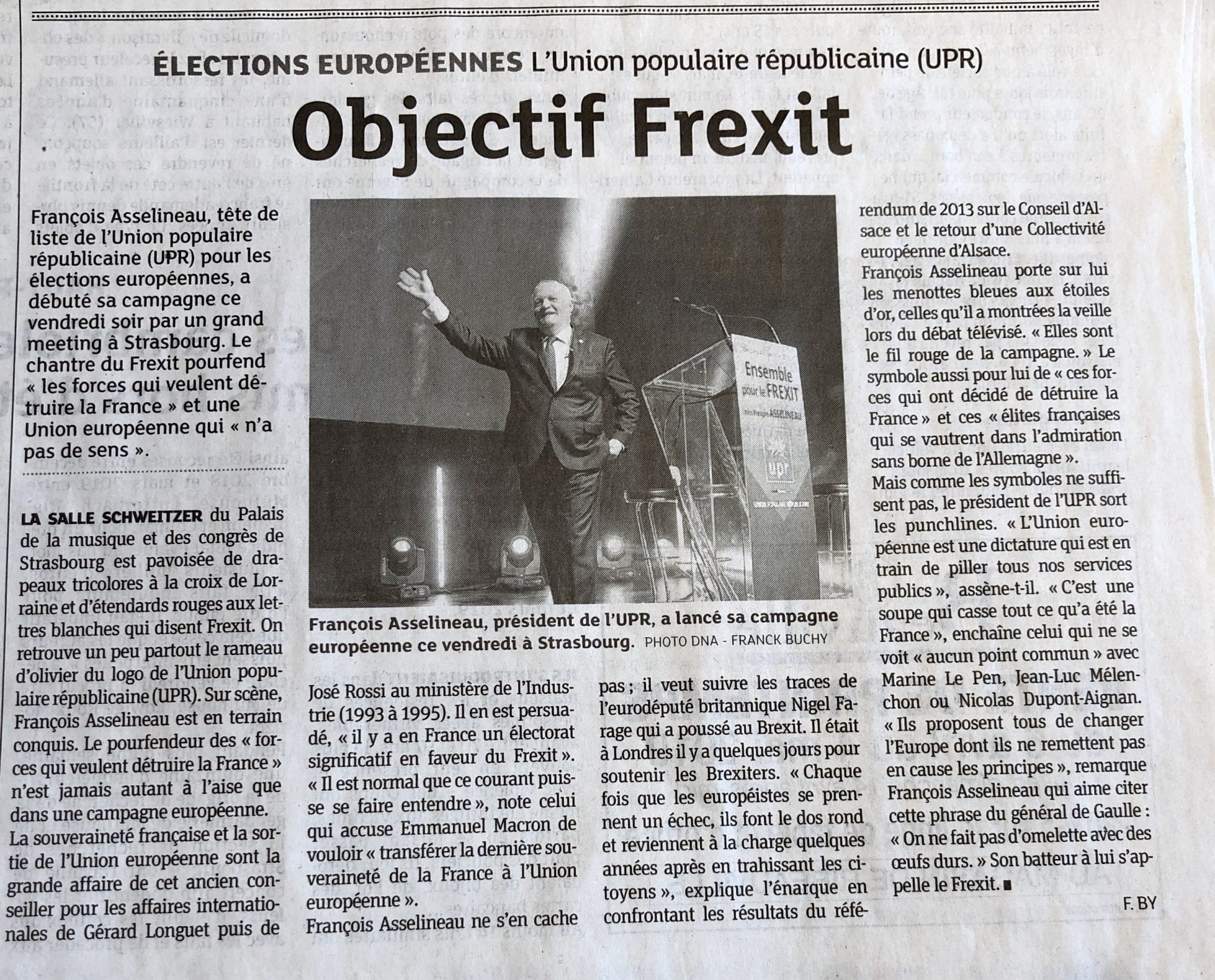 Article de Dernières nouvelles d’Alsace sur notre meeting à Strasbourg – 06/04/2019
