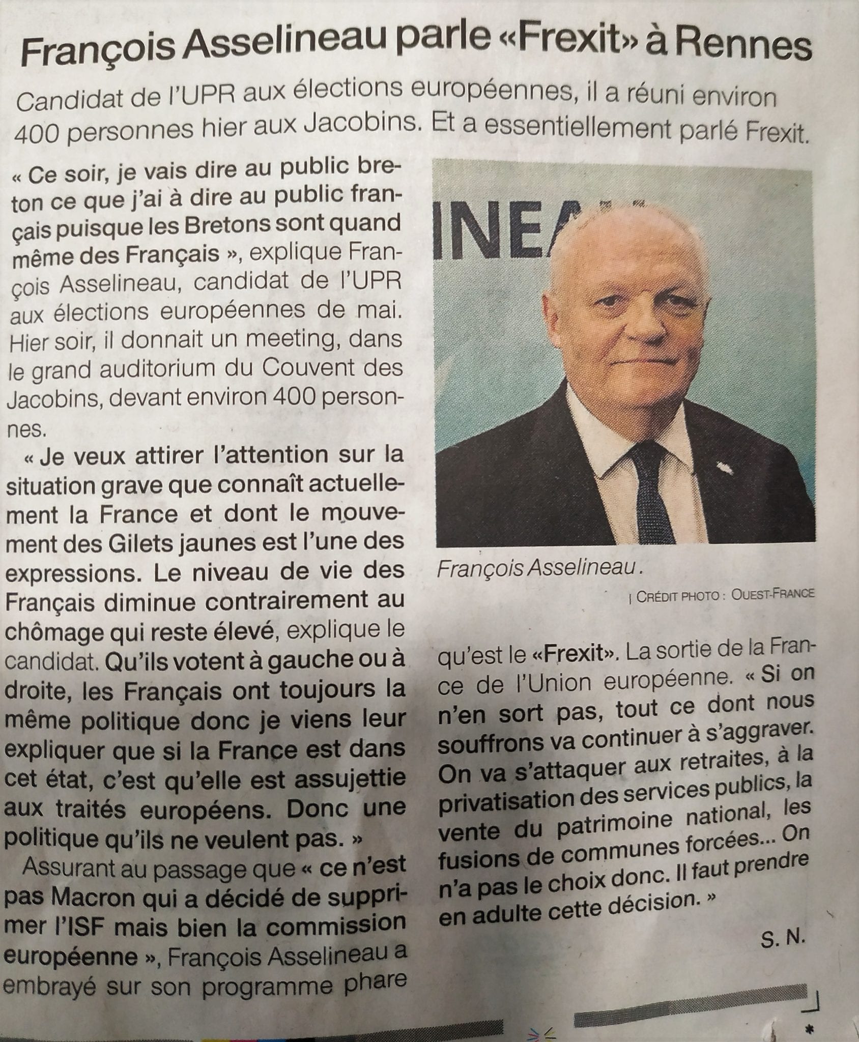 Article d'Ouest-France sur le succès de notre meeting à Rennes – 10/04/2019