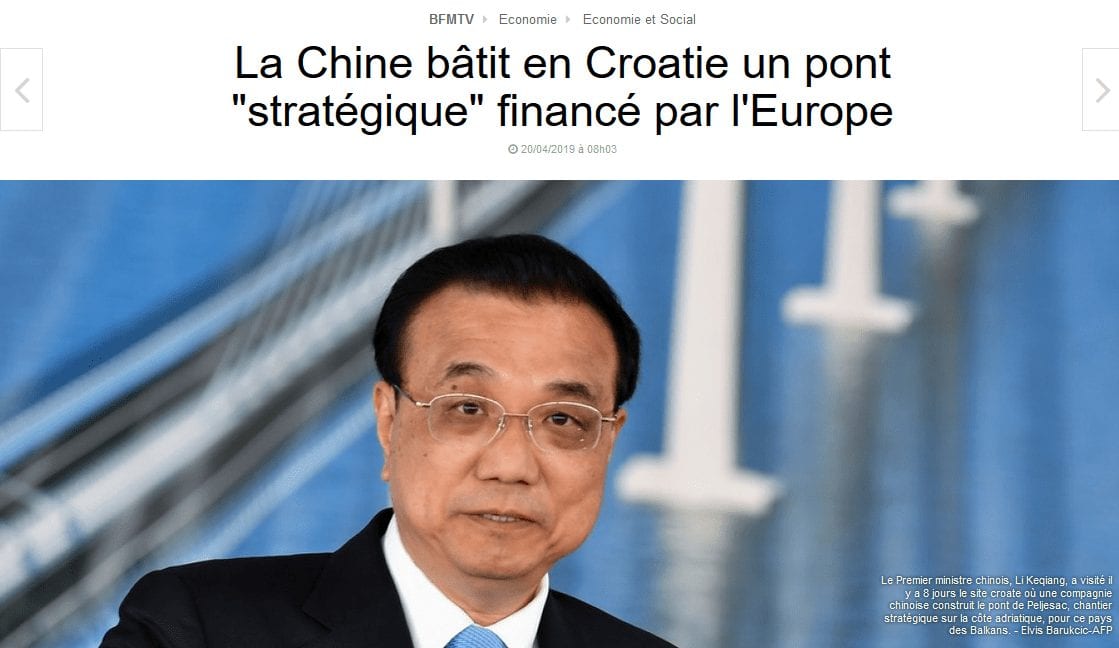 Pendant que les routes nationales françaises tombent en ruines faute de financement, la France verse – par l'intermédiaire des fonds dits « européens » – 60 millions d'euros à un groupe de BTP chinois pour construire un pont en Croatie.