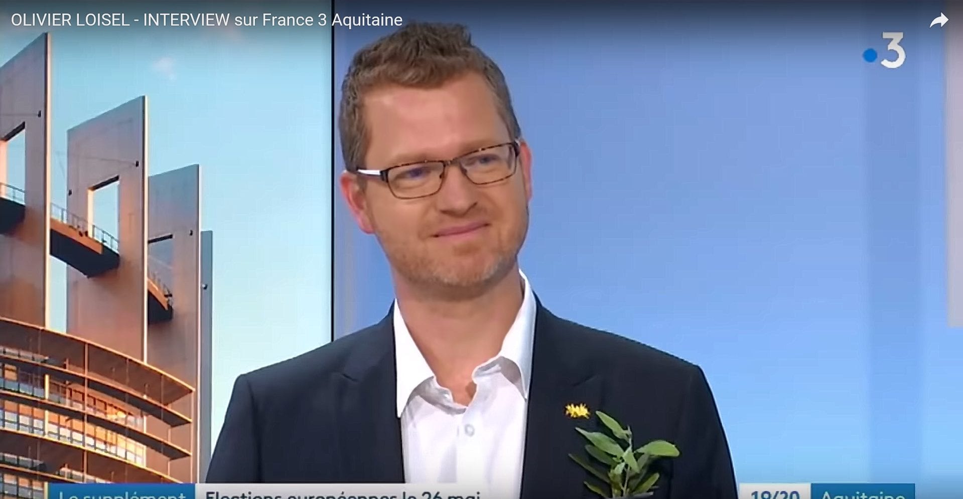 Olivier Loisel, délégué régional d’Aquitaine (UPR) en interview dans le journal télévisé de France 3 Aquitaine le 14 mai 2019 face à une candidate écologiste pour les élections européennes du 26 mai 2019.