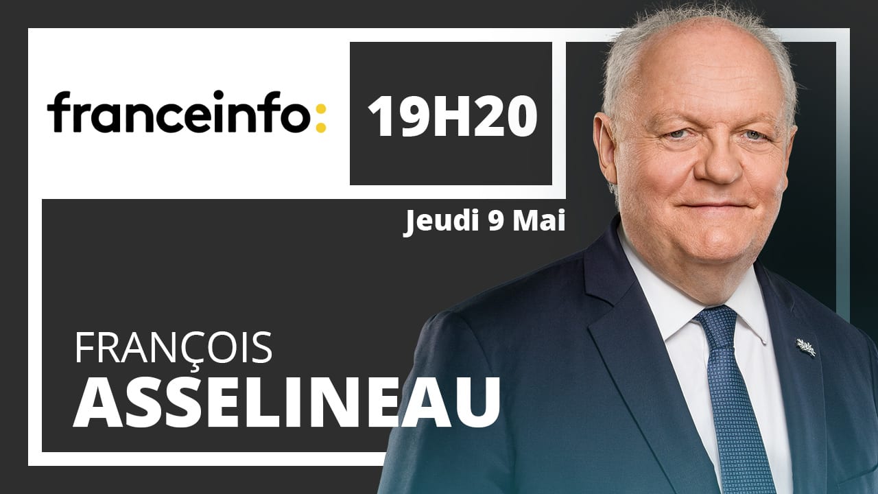 François Asselineau interviewé en direct sur Franceinfo par Gilles Bornstein et Yannick Falt dans le « 19h20 politique ».