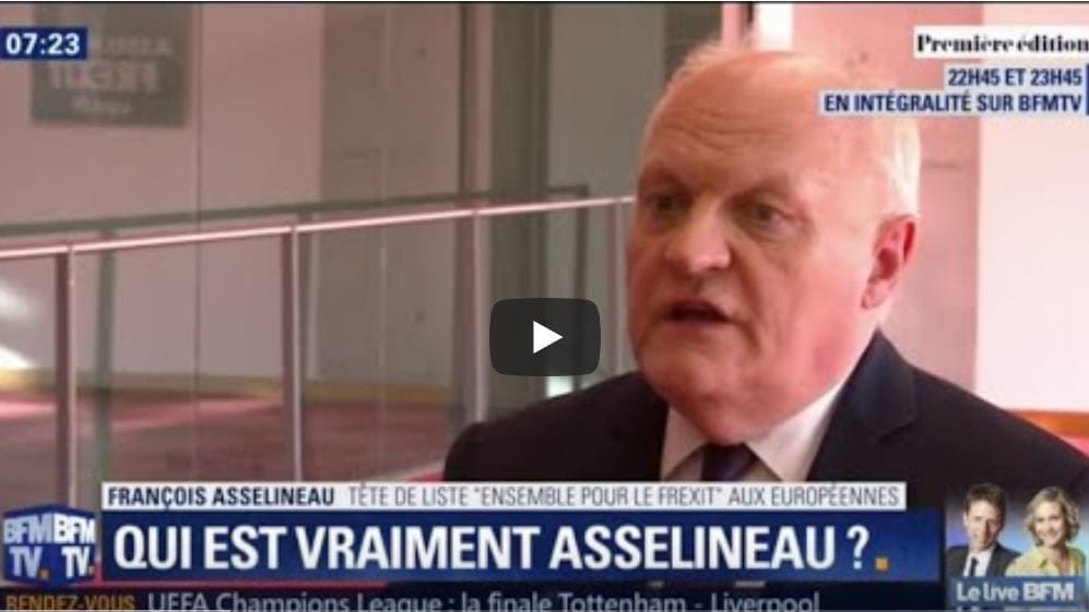 François Asselineau a fait l'objet d'un court reportage par BFM TV pendant la campagne des élections européennes de 2019
