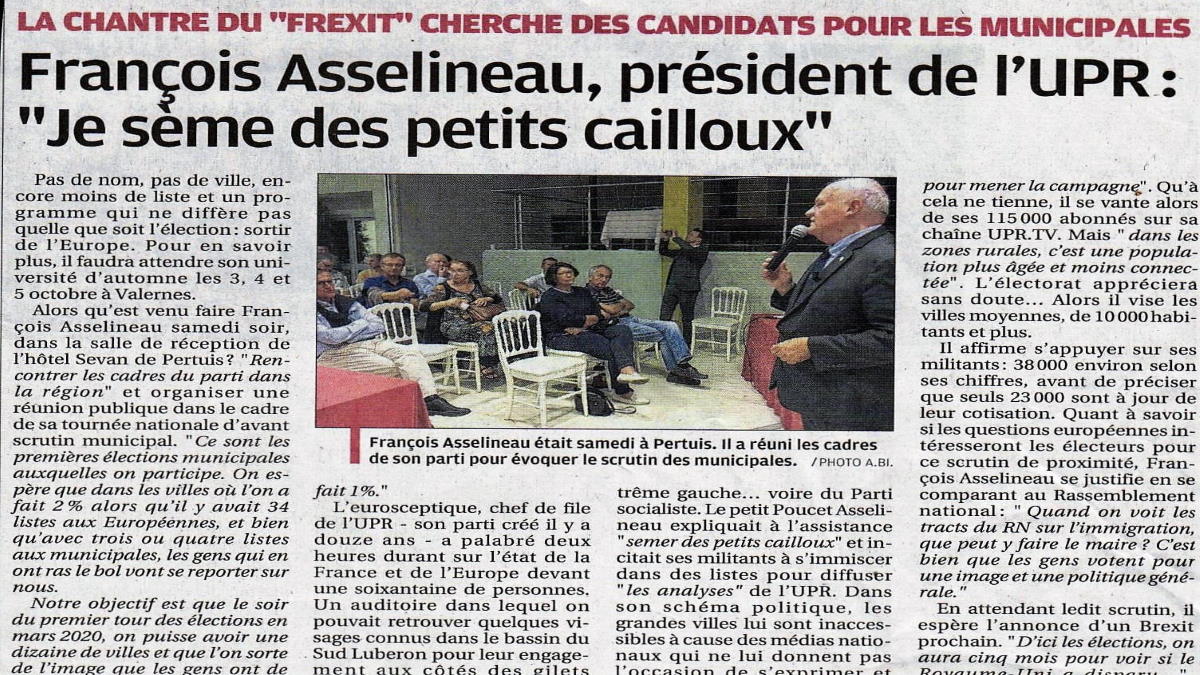 LE JOURNAL « LA PROVENCE » CONSACRE UN ARTICLE À LA RÉCENTE RÉUNION PUBLIQUE DE FRANÇOIS ASSELINEAU À PERTUIS.