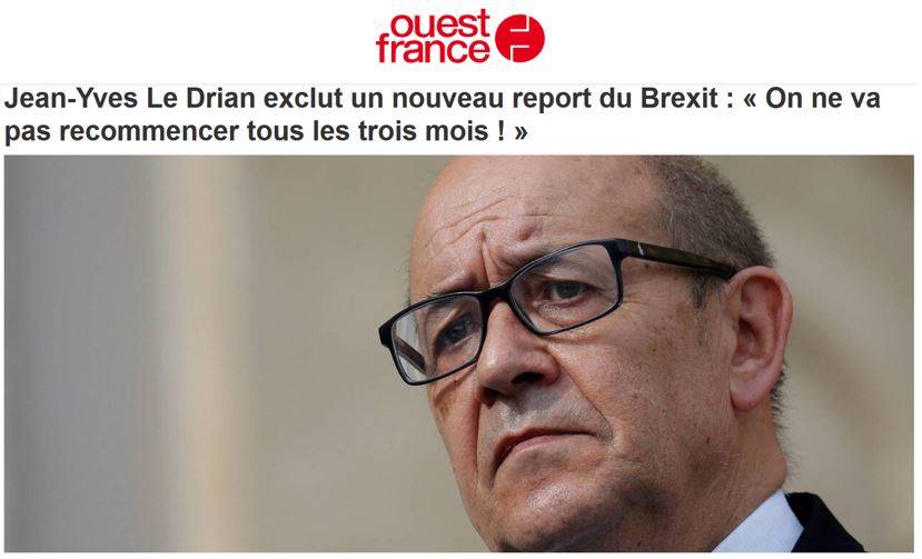 == COMMUNIQUÉ DE PRESSE – 11 septembre 2019 – 16h00 == Asselineau approuve Le Drian qui exclut de reporter le Brexit et appelle toutes les forces politiques et syndicales françaises à soutenir le gouvernement dans ce refus.