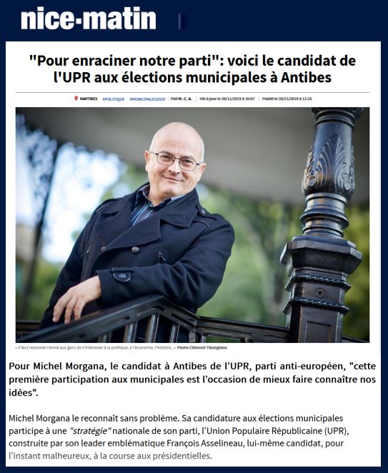 Article de Nice-Matin sur Michel Morgana, candidat UPR à Antibes – 28/11/2019