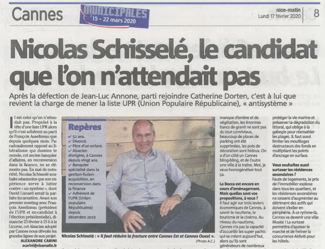 Très bon article de Nice-Matin sur Nicolas Schisselé, candidat UPR à la mairie de Cannes