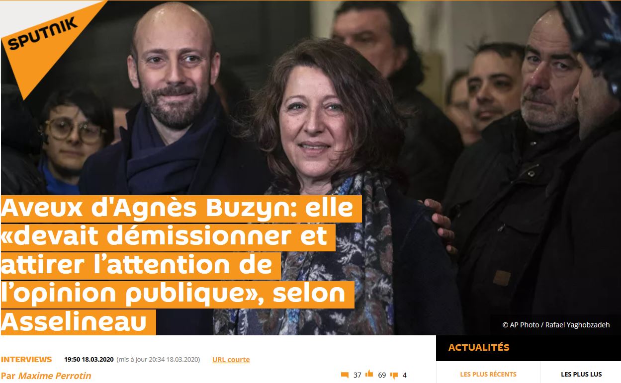 Article de Radio Sputnik sur l'appel à la démission de Buzyn par François Asselineau – 18/03/2020
