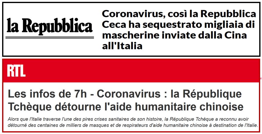 Les Tchèques ont volé 680 000 masques et respirateurs offerts par la Chine à l'Italie