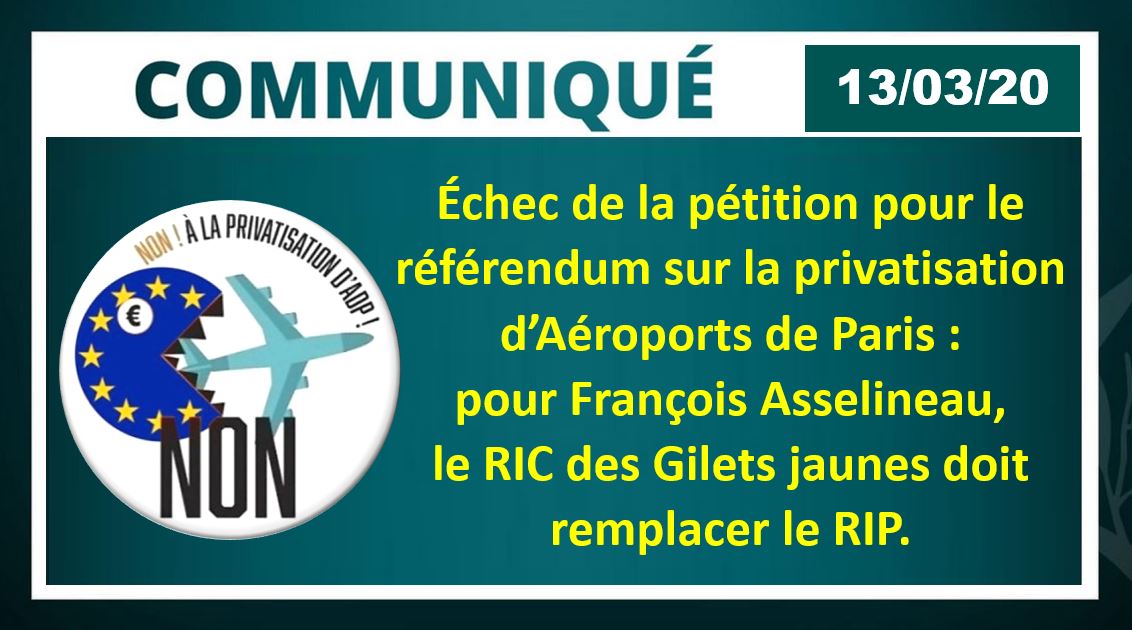 Échec de la pétition pour le référendum sur la privatisation d'ADP : le RIC doit remplacer le RIP !