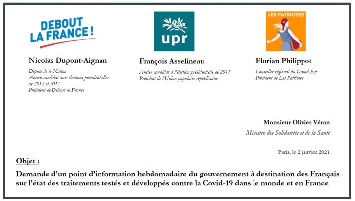 Lettre commune de Nicolas Dupont-Aignan, François Asselineau et Florian Philippot à Olivier Véran sur la situation sanitaire