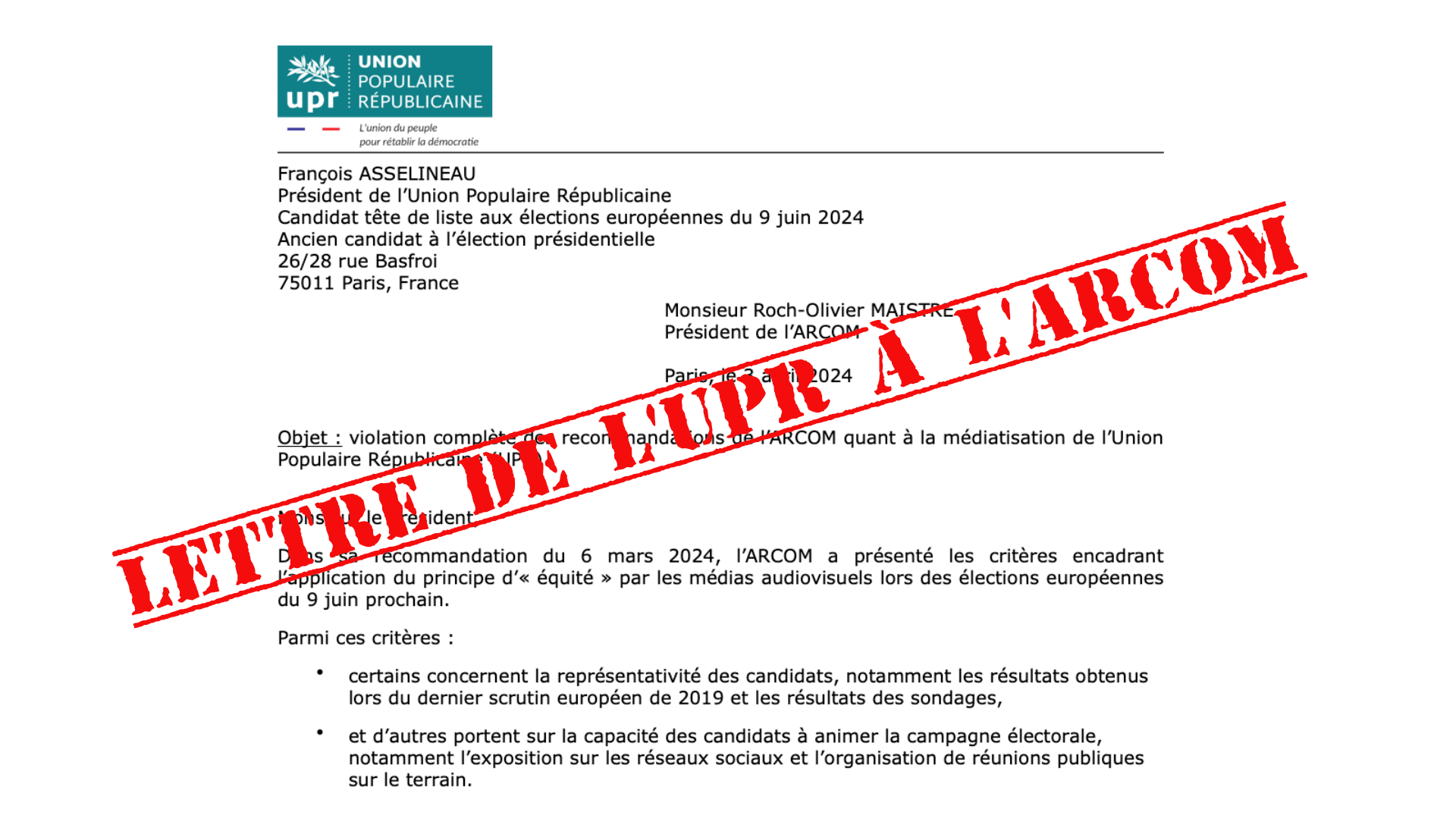 La lettre du 2 avril 2024 de l'UPR à l'ARCOM