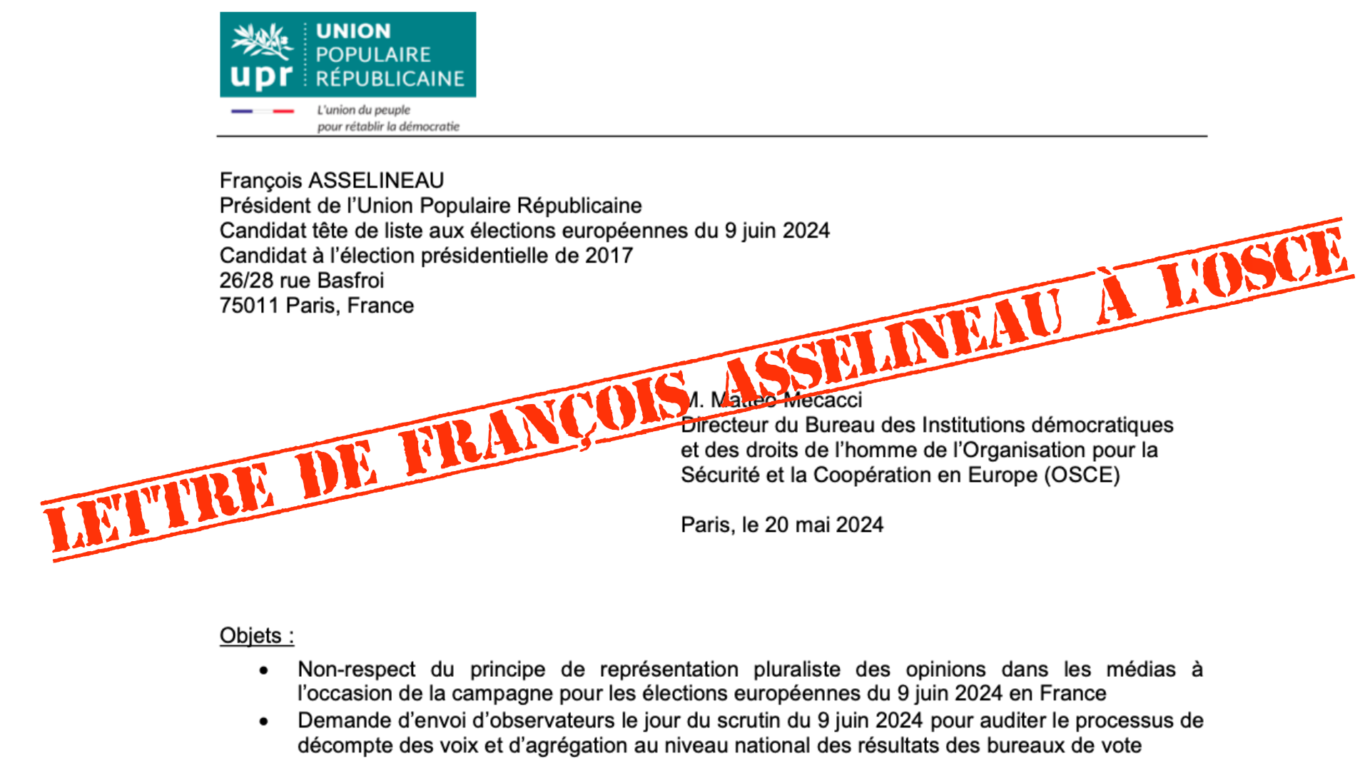 Lettre de François Asselineau adressée à l'OSCE