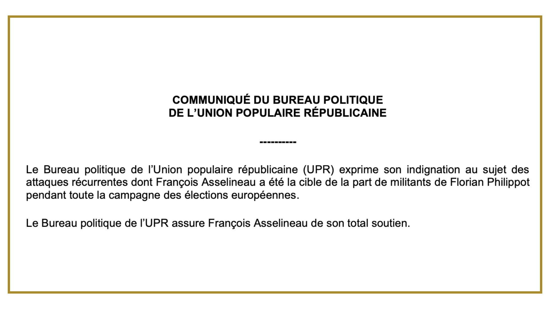 Communiqué du Bureau politique sur les attaques récurrentes des militants de Floria…