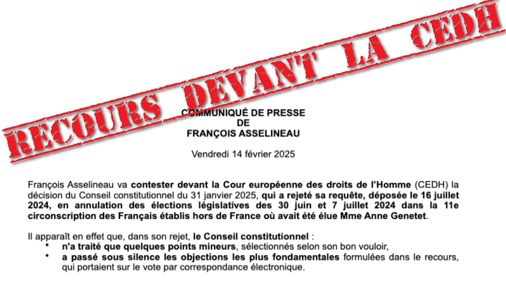 Communiqué de presse – François Asselineau dépose un recours devant la CEDH