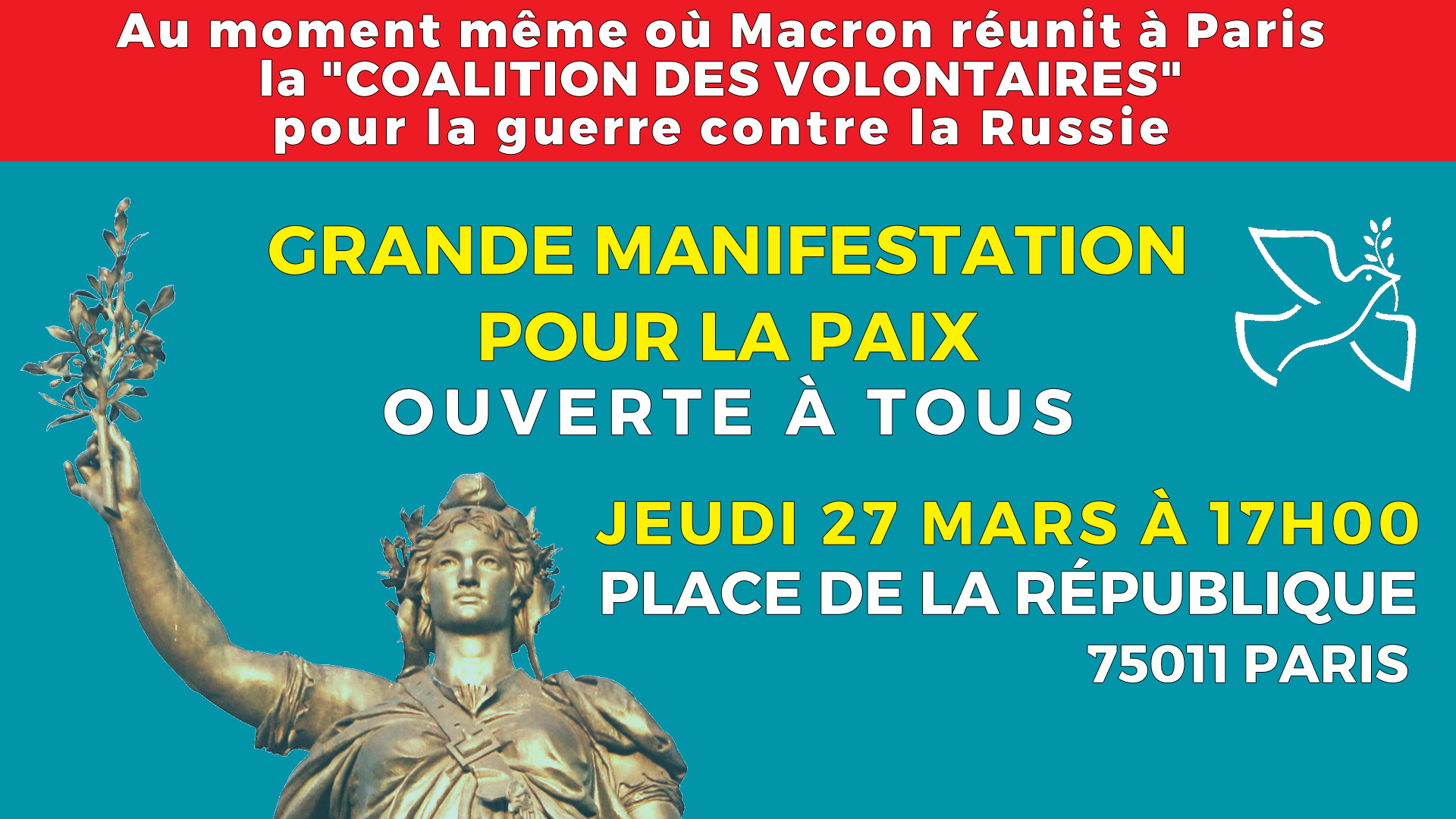 Rassemblement pour la paix à Paris ce jeudi 27 mars